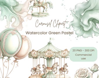 May include: Watercolor clipart of a green and white carousel with horses, a green and white rose, and green and white watercolor splatters. The text "Carousel Clipart Watercolor Green Pastel" is written on the image.