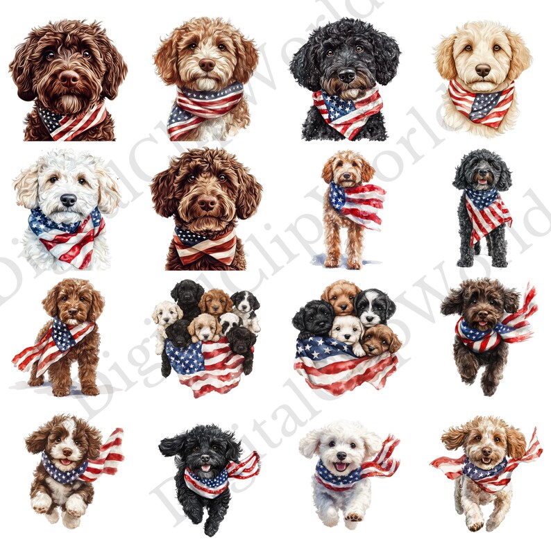 Op de afbeelding: Een verzameling aquarel illustraties met verschillende hondenrassen. Elke hond draagt een bandana of is gehuld in de Amerikaanse vlag, wat patriottische thema's benadrukt. De vachtkleuren van de honden vari&euml;ren van zwart tot bruin en wit.
