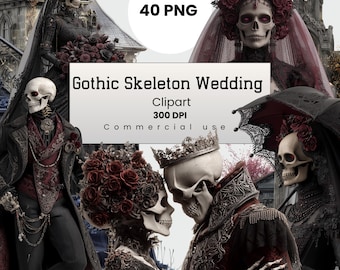Gothic Skeleton Wedding Clipart , Skeleton Groom, Ghostly Bride PNG for Crafters, POD, Commercial Use, Digital Download