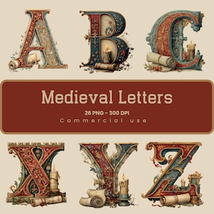 May include: Set of six ornate, vintage-style letters A, B, C, X, Y, and Z. Each letter is intricately designed with scrollwork, candles, and a medieval aesthetic. The letters are in shades of red, blue, and gold, with a parchment-like background.