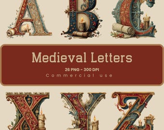 Medieval Alphabet, Illuminated Letters, Letter art, Medieval Font, A-Z Letters png, Sublimation, Commercial Use, Digital Download