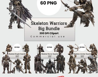 Skeleton Warrior Clipart Big Bundle, Gothic Skeletal ,Dark Fantasy Characters PNG for Crafters, POD, Commercial Use, Digital Download