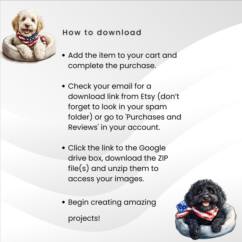 Op de afbeelding: Afbeelding met instructies voor het downloaden van een digitaal product. De tekst beschrijft stappen zoals het toevoegen van een artikel aan de winkelwagen, het controleren van e-mail voor een downloadlink en het openen van bestanden van Google Drive. Twee honden met patriottische bandana's zijn afgebeeld.