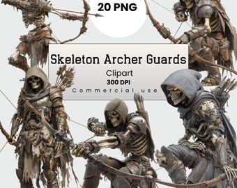 Skeleton Archer guards, Gothic Skeletal Characters, Dark Fantasy Ranger PNG for Crafters, POD, Commercial Use, Digital Download