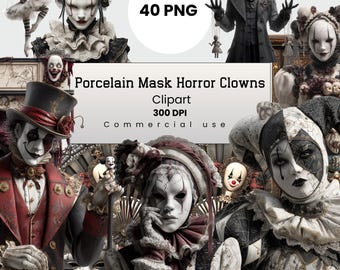 Porcelain Mask Horror Clowns Clipart, Victorian Clown Halloween, Fantasy PNG for Crafters, POD, Commercial Use, Digital Download