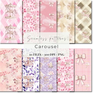 May include: A set of 10 digital seamless patterns featuring a carousel horse, bows, and floral designs in pink, purple, and white. The patterns are ideal for scrapbooking, crafting, and digital design projects.