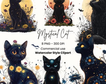 Mystical Cat Clipart | Celestial Cat PNG | Floral Black Cat | Spooky Cat Clipart | Fantasy Clipart | Witchcraft Bundle | Digital Download