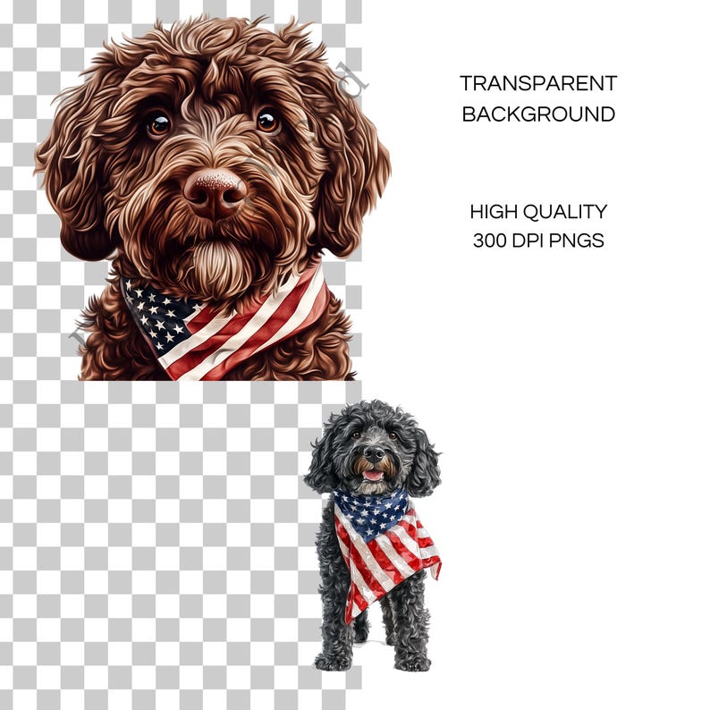 Op de afbeelding: Digitale illustratie van twee honden, een bruine en een zwarte, die elk een bandana dragen met de Amerikaanse vlag. De afbeelding bevat de tekst "TRANSPARENT BACKGROUND" en "HIGH QUALITY 300 DPI PNGS".