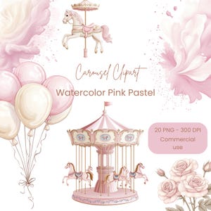 Clipart acquerello carosello / Clipart carosello cavalli / Clipart carosello / Clipart pony / Arte vivaio carosello / Carino babyshower PNG