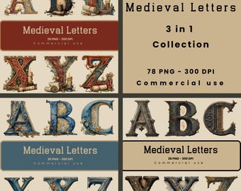 Medieval Letters Mega Bundle, Illuminated Alphabet, A-Z Letters png, Sublimation, Commercial Use, Digital Download