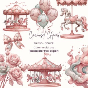 Watercolor Carousel Clipart | Pony Clipart | Carousel Horse | Carousel Nursery Art | Baby Shower PNG | Unlimited License | Digital Download