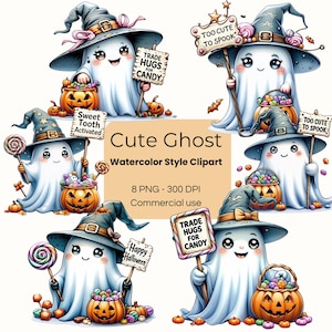 Clipart de fantasma lindo en acuarela / Fantasma amigable / Demasiado lindo para asustar / Sublimación de Halloween de moda / Cambia abrazos por dulces / Descarga digital