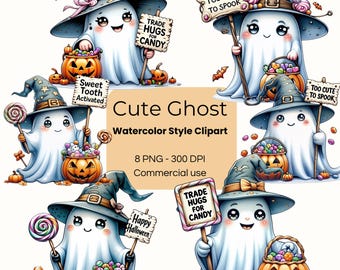 Imágenes prediseñadas de fantasmas adorables en acuarela / Estética fantasmal / Demasiado lindos para asustar / Sublimación de Halloween de moda, cambia abrazos por dulces, descarga digital