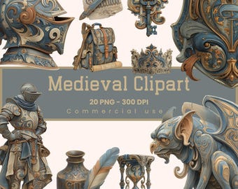 Medieval Clipart Bundle, Castlecore Scrapbooking, Fantasy Graphics, Knights Art Collection, Digital Download, Commercial Use