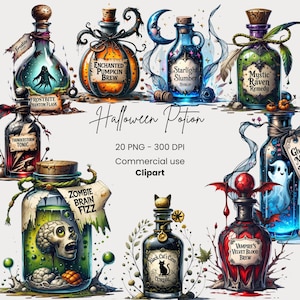 May include: A collection of Halloween potion bottles with various labels like "Frostbite Phantom Flask" and "Zombie Brain Fizz." The bottles are in different shapes and colors, with cork stoppers and decorative elements. The image includes the text "Halloween Potion."