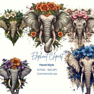 Clipart bloemen olifant | Clipart olifanten | Olifantafbeeldingen | Botanische olifant | Kunst olifantenkop | Olifant met bloemen PNG-bundel
