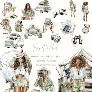 Watercolor Traveler Clipart | World Travel Clipart | Wanderlust Traveler | Travel girl PNG | Travel PNG | Digital Download | Commercial Use