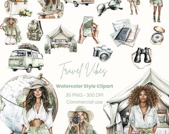 Watercolor Traveler Clipart | World Travel Clipart | Wanderlust Traveler | Travel girl PNG | Travel PNG | Digital Download | Commercial Use