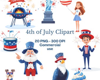 Paquete de imágenes prediseñadas del 4 de julio / Imágenes prediseñadas de celebración / Gráficos del 4 de julio / PNG del 4 de julio / Imágenes prediseñadas del Día de la Independencia / Uso comercial