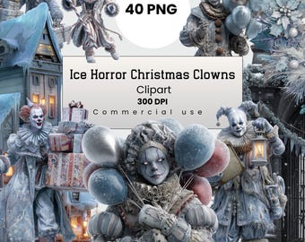 Scary Christmas Clowns Clipart, Winter Horror Clowns, Gothic Fantasy PNG for Crafters, POD, Commercial Use, Digital Download