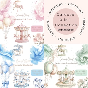 Pacote de clipart de aquarela de carrossel | Pacote de desconto | Carrossel de pônei | Clipart de bebê de boas-vindas | Clipart de berçário boho | Cavalo de carrossel PNG