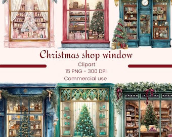 Watercolor Christmas Shop Storefront, Holiday Shop clipart, Winter Christmas, Christmas PNG Set, Sublimation, Junk Journal, Digital Download