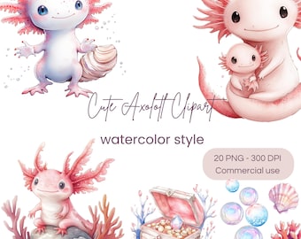 Cute Axolotl Clipart | Watercolor Axolotl | Axolotl PNG | Kawaii Axolotl | Axolotl Bundle | Under The Sea Clipart | Axolotl Birthday