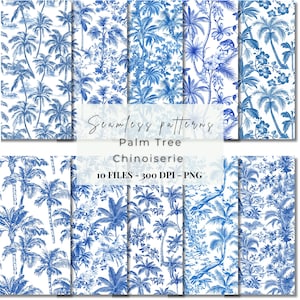 Chinoiserie met palmbomen | Zomerchinoiserie | Chinoiserie-clipart | Franse Toile de Jouy | Palmboompatroon | Palmbomen Toile | Naadloos