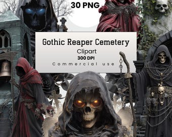 Grim Reaper Clipart, Gothic Halloween Skeleton, Dark Fantasy PNG for Crafters, POD, Commercial Use, Digital Download
