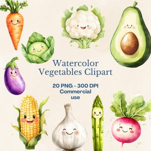 Aquarel groenten clipart | Schattige groenten-clipart | Kawaii-groenten | Educatieve clipart | Leuke groente-png | Kawaii Voedsel Clipart