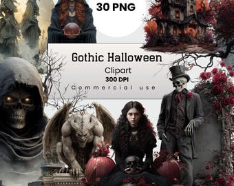 Gothic Halloween Clipart, Spooky Creature and Pumpkins, Dark Fantasy PNG for Crafters, POD, Commercial Use, Digital Download
