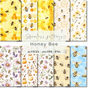 Op de afbeelding: Een set van 10 digitale naadloze patronen met honingbijen, honingraten, bloemen en potten honing. De patronen zijn in aquarelstijl en perfect voor knutselen, scrapbooking en andere creatieve projecten.  10 BESTANDEN - 300 DPI - PNG