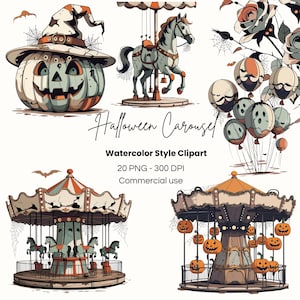 Clipart de carrusel de Halloween en acuarela / Carnaval embrujado / Carrusel espeluznante / Carrusel embrujado / Tiovivo / Descarga digital / Paquete PNG