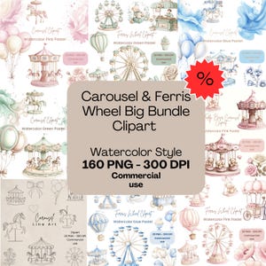 Watercolor Carrousel & Ferris Wheel Clipart | PNG Mega Bundle | Big Clipart Bundle | Carousel Bundle | Carousel Clipart  | Discount Bundle
