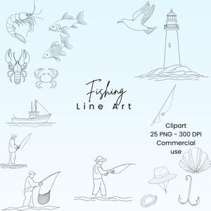 Dessin au trait de pêche | Clipart pêche | Ligne de pêche dessinée | Graphiques de pêche | Pack pêcheur | Esthétique pêcheur | Lot de dessins au trait | PNG