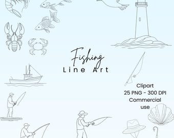 Fishing Line Art | Fishing Clipart | Fishing Line Drawn | Fishing Graphics | Fisherman Bundle | Fisherman Aesthetic | Line Art Bundle | PNG