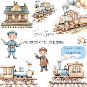 Clipart de tren de acuarela / Clipart de acuarela de bebé niño / Baby Shower de niño / Paquete de clipart de tren / Clipart de babyshower / Locomotora PNG