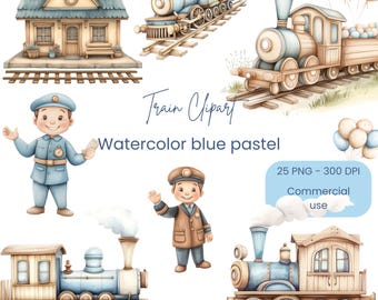 Clipart de tren de acuarela / Baby Shower de niño / Arte de trenes para niños / Arte mural para guardería / Clipart de baby shower / Regalos de cumpleaños / Tren lindo