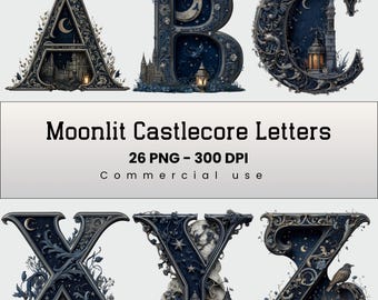 Celestial Alphabet, Illuminated Letters, Letter art, Dark Academia Font, A-Z Letters png, Sublimation, Commercial Use, Digital Download