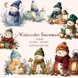 Watercolor Snowman Clipart Bundle, Vintage Winter PNG, Christmas Card Making, Scrapbooking, Crafting, Junk Journal, Digital Download