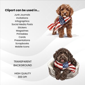 Op de afbeelding: Digitale clipart met twee honden, &eacute;&eacute;n staand en &eacute;&eacute;n liggend, beide met een sjaal met een ontwerp van de Amerikaanse vlag. De afbeelding bevat tekst die de toepassingen van de clipart aangeeft, zoals voor uitnodigingen en social media posts.