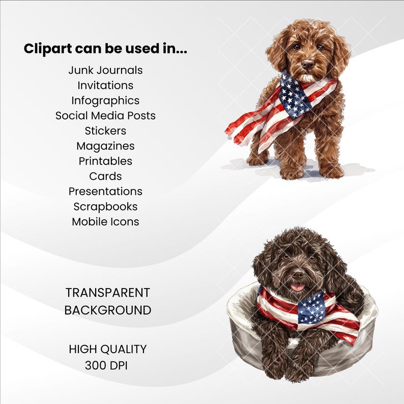 Op de afbeelding: Digitale clipart met twee honden, &eacute;&eacute;n staand en &eacute;&eacute;n liggend, beide met een sjaal met een ontwerp van de Amerikaanse vlag. De afbeelding bevat tekst die de toepassingen van de clipart aangeeft, zoals voor uitnodigingen en social media posts.