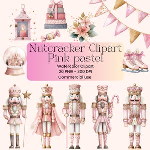 Peut inclure: Clipart aquarelle sur le thème pastel rose, avec des éléments variés. Comprend des figurines de casse-noisettes, un globe de neige, une lanterne, des boîtes cadeaux, des compositions florales et des patins à glace. Le texte indique "Nutcracker Clipart Pink pastel".