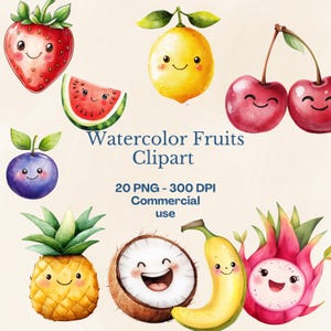 Clipart di frutta ad acquerello / Clipart di frutta carina / Clipart di frutta estiva / Grafica di frutta / Adesivi di frutta / Clipart di frutta allegra / Album di ritagli