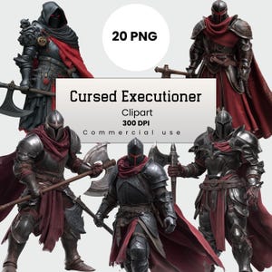 Op de afbeelding: Een digitale illustratie met meerdere afbeeldingen van gepantserde figuren met bijlen. De figuren zijn gekleed in donkere bepantsering met rode accenten, mantels en helmen. De tekst "Cursed Executioner Clipart" wordt weergegeven, samen met "20 PNG" en "300 DPI".
