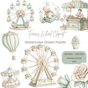 Clipart di ruota panoramica ad acquerello / PNG di ruota panoramica / Babyshower verde / Ruota panoramica per bambini / Clipart di celebrazione / Creazione di biglietti / Pacchetto PNG