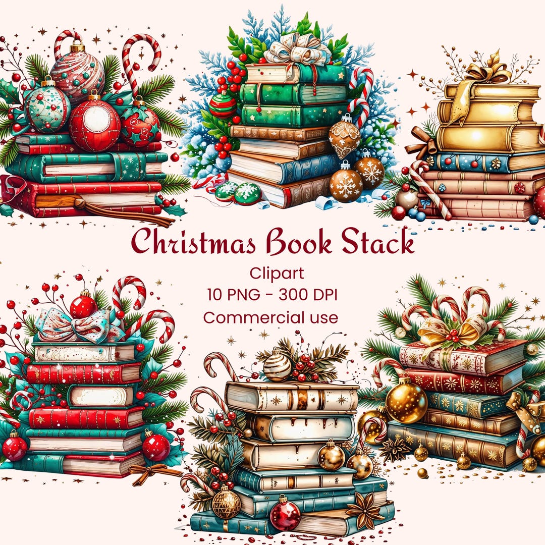 Christmas Book Stack Clipart, Festive Books PNG Bundle, Xmas Bookworm ...