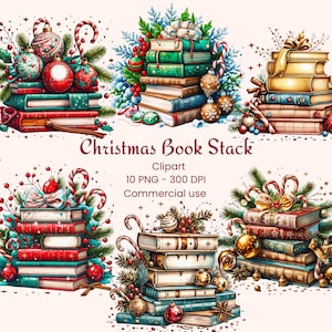 Könnte beinhalten: Aquarellillustrationen von Weihnachtsbuchstapeln. Jeder Stapel zeigt Bücher in verschiedenen Farben, verziert mit Kugeln, Zuckerstangen und Grünzeug. Der Text "Christmas Book Stack" wird zusammen mit "Clipart" und anderen Details angezeigt.