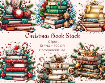 Clipart de pila de libros navideños, paquete PNG de libros festivos, regalo navideño para ratones de biblioteca, gráficos de biblioteca, diseños de sublimación, descarga digital