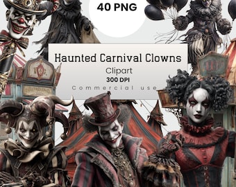 Haunted Carnival Clowns Clipart, Scary Gothic Clowns Circus Halloween, Fantasy PNG for Crafters, POD, Commercial Use, Digital Download